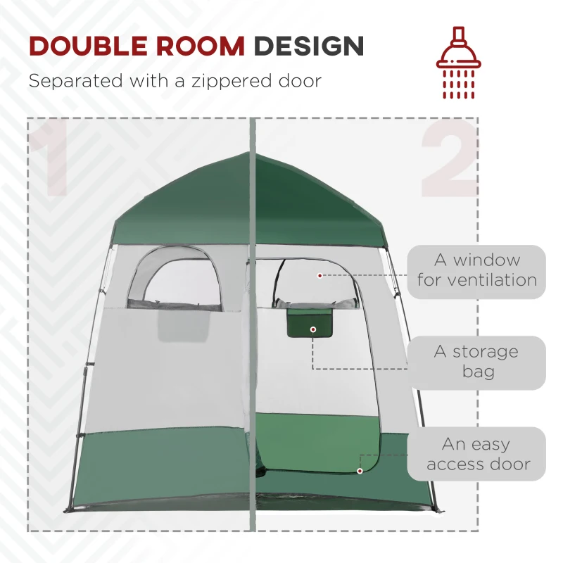 Outsunny Outdoor Portable Pop Up Shower Tent Changing Tent Privacy Enclosure with 2 Rooms, Shower Bag, Floor for Camping, Green