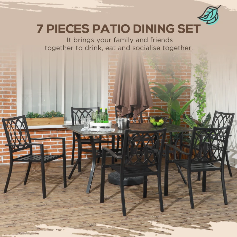 Outsunny 7 Pieces Outdoor Dining Set for 6 with Stackable Chairs with Wood Grain Top, for Garden, Patio, Backyard, Brown