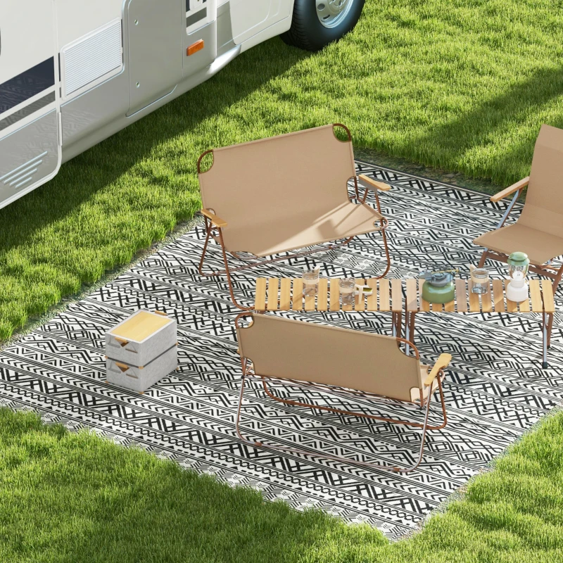 Outsunny Reversible Outdoor Rug Waterproof Plastic Straw RV Rug with Carry Bag, 9' x 12', Grey and Cream White Boho