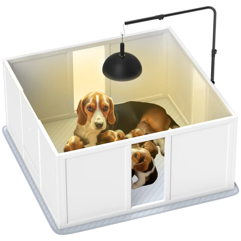 PawHut Whelping Box for Dogs with Retractable Light Stand, Washable Waterproof Pee Pad & Adjustable Door, 39" x 38" x 19"