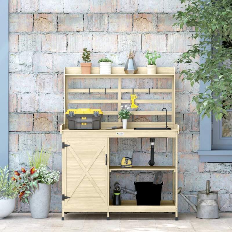 Outsunny Wooden Potting Bench with Storage, Sink, Water Tap for Backyard, Patio, Balcony, Natural