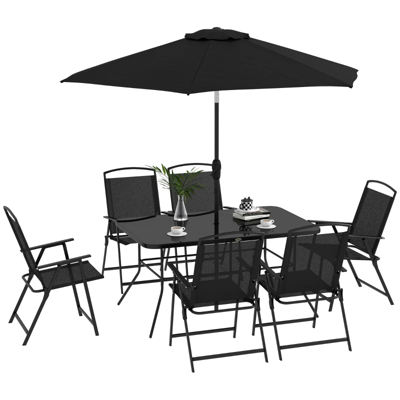 Outsunny 8 Piece Patio Set with Umbrella, 6 Folding Chairs, Rectangle Table, Outdoor Dining Set for 6 with Mesh Seat, Black