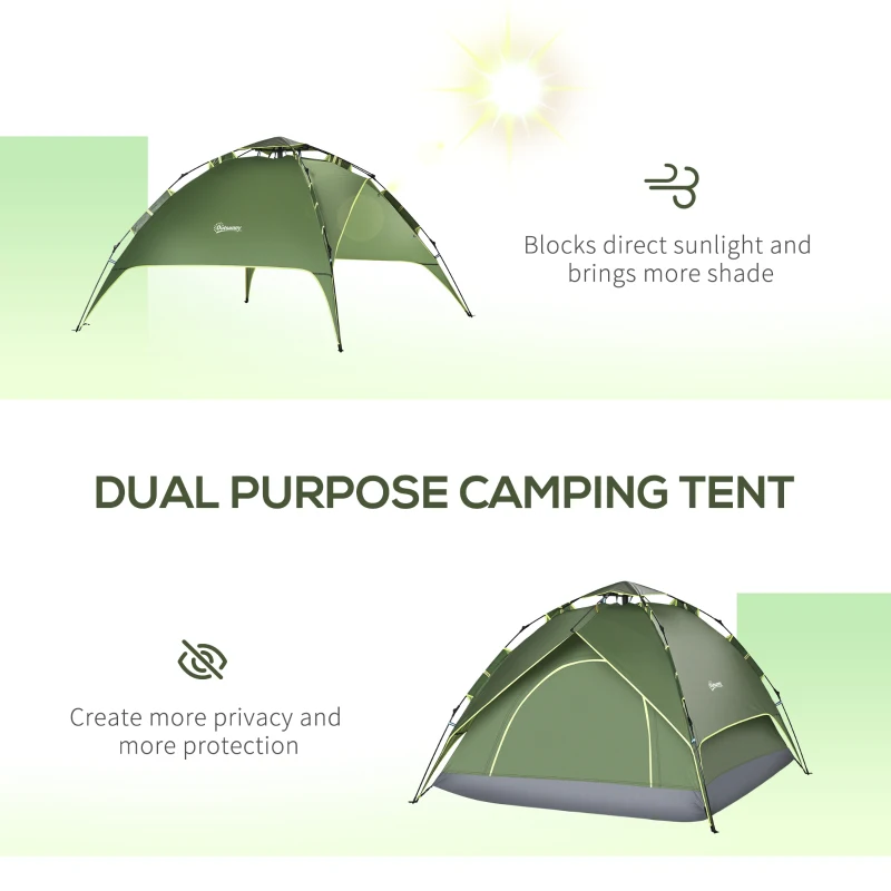 Outsunny Camping Tent, 3 Person Family Tent, 1000mm Waterproof, with Sewn-in Groundsheet and Carry Bag,  for Fishing, Dark Green