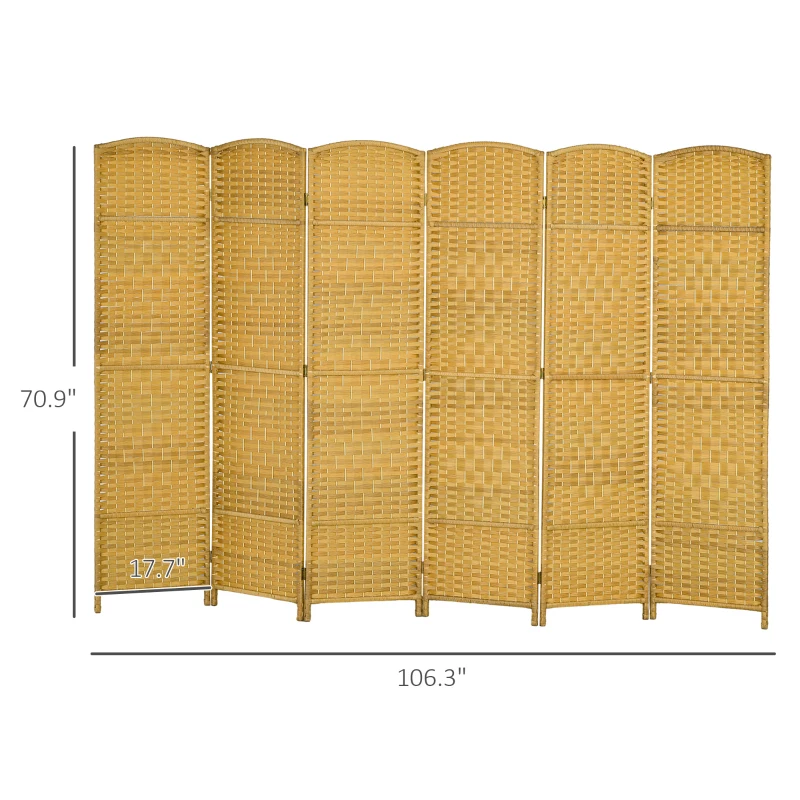 HOMCOM Folding Room Divider Screen 6 Panel 6' Tall Privacy Screen Freestanding Wood Partition for Home Office, Nature Wood