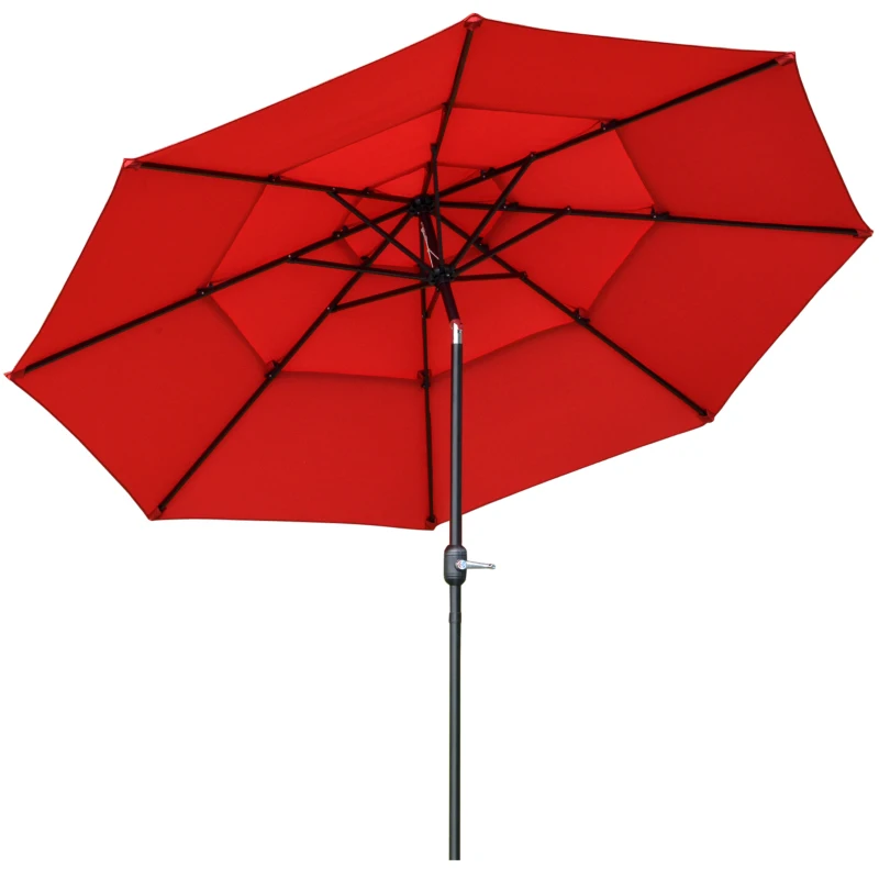 Outsunny 9FT 3 Tiers Patio Umbrella Outdoor Market Umbrella with Crank, Push Button Tilt for Deck, Backyard and Lawn, Red