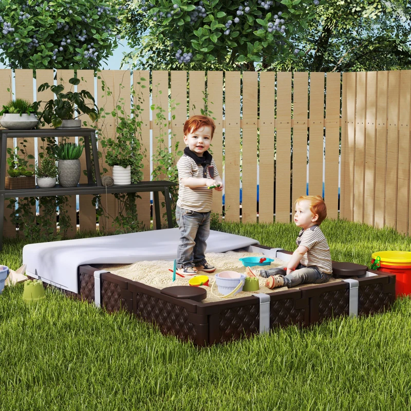 Qaba Kids Sandbox with Cover, 4 Corner Seats, Bottom Liner for Backyard, Garden, Outdoor, 73" x 47" x 9", Dark Brown