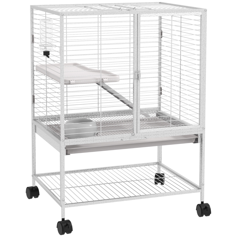 PawHut Rolling Small Animal Cage 34"H Chinchilla Cage for Ferrets, Squirrels w/ Removable Tray, Storage Shelf, Light Grey