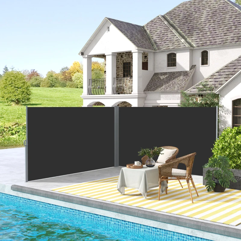 Outsunny 236" x 63" Outdoor Privacy Wall, Double Retractable Side Awning, Patio Screen for Garden, Balcony, Backyard, Black