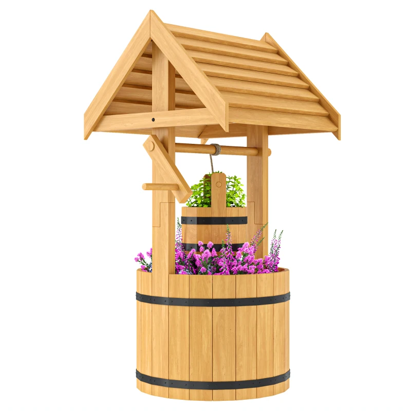 Outsunny Wood Wishing Well Outdoor Wooden Planter with Hanging Bucket and Drainage Hole for Garden, Patio, Backyard, Orange