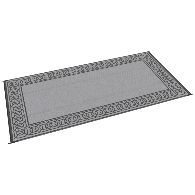 Outsunny Outdoor Rug for Patio, 9' x 18' Waterproof Large Mat, Reversible Plastic Straw Rug for Decor, Portable Outside RV Camping Area Carpet Mat for Backyard Porch Deck Picnic, Black & Gray Border