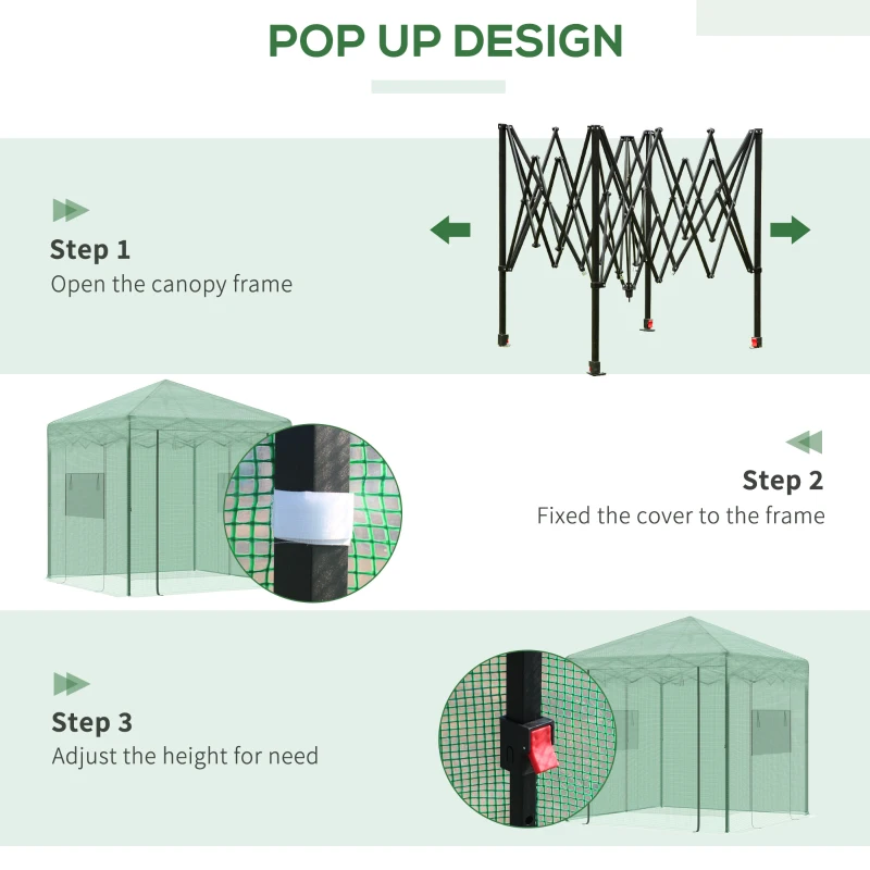 Outsunny 8' x 6' Portable Pop Up Greenhouse, Outdoor Walk-in Hot House with Roll-up Door & 2 Windows, Foldable Garden Green House for Plants Herbs Vegetables, Green