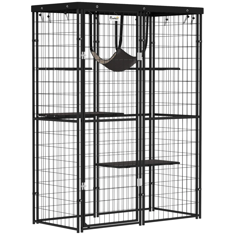 PawHut Metal Cat Cage with Waterproof Cover, 4 Platforms, Hammock, Washable Cushions for 1-3 Kittens, 46.5" x 22" x 62", Black