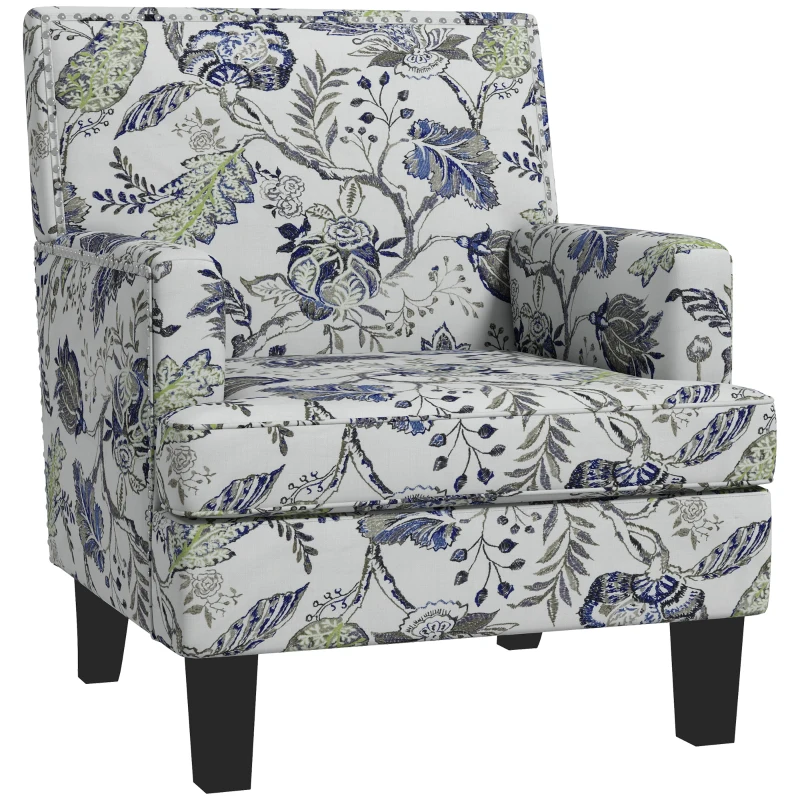 HOMCOM Upholstered Armchair, Mid-Century Accent Chair with Floral Pattern, Nailhead Trim for Living Room, Bedroom, Multicolour