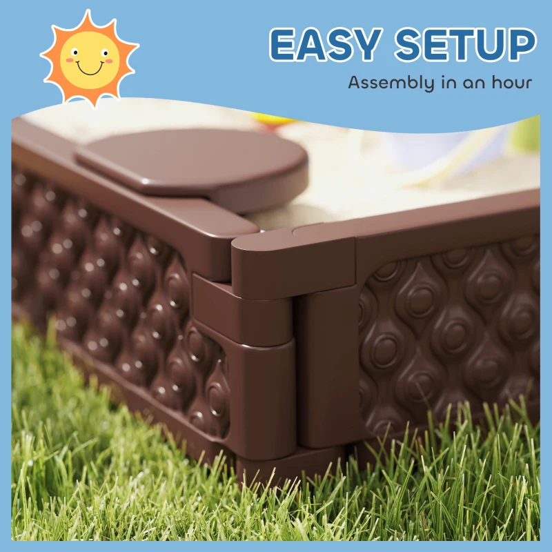 Qaba Kids Sandbox with Cover, 4 Corner Seats, Bottom Liner for Backyard, Garden, Outdoor, 73" x 47" x 9", Dark Brown