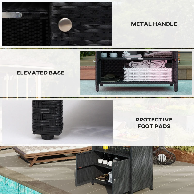 Outsunny Outdoor Storage Cabinet with Acacia Wood Top, Two Doors, Shelf, Wicker Bar Table for Pool Towel Storage, Black