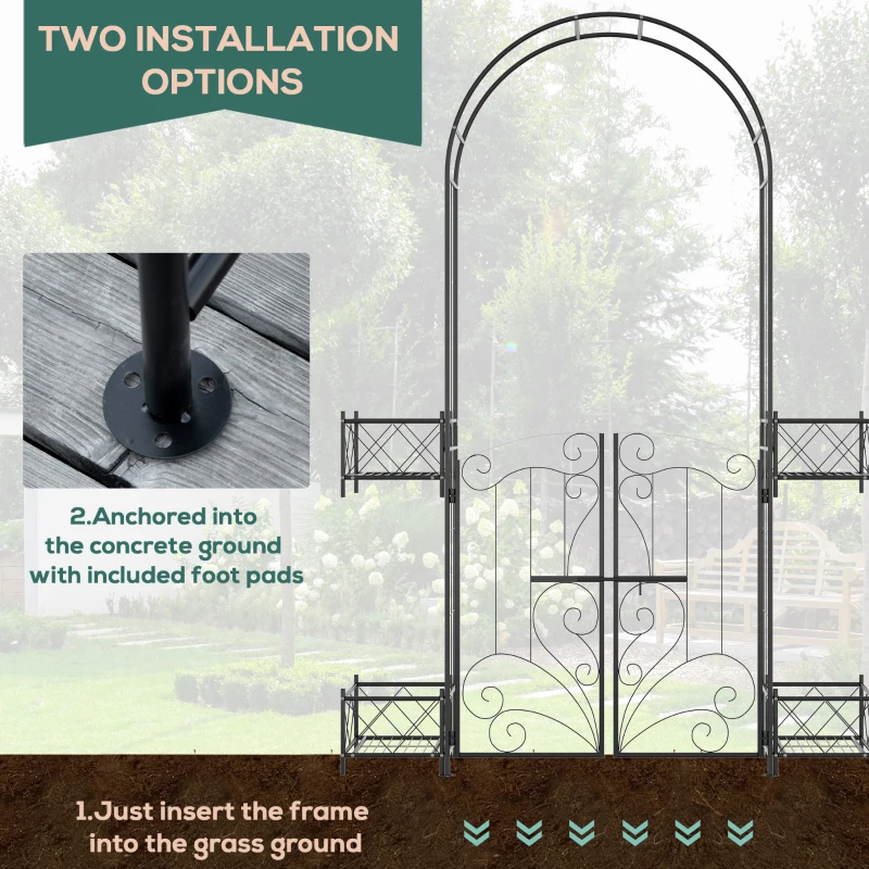 Outsunny 7.1FT Metal Garden Arch with Gate and 4 Planter Boxes, Garden Arbor Trellis for Climbing Plants, Outdoor Wedding, Decoration, Bridal Party, Black