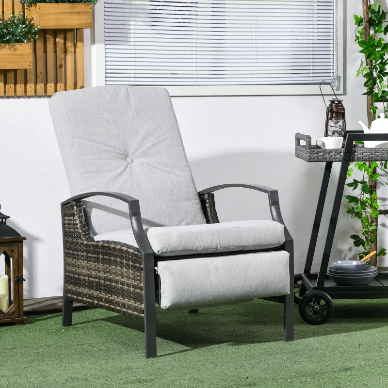 Outsunny Outdoor Rattan Recliner Chair, Wicker Reclining Chair with Adjustable Back Retractable Footrest Cushion Light Grey