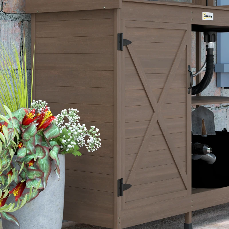 Outsunny Wooden Potting Bench with Storage, Sink, Water Tap for Backyard, Patio, Balcony, Dark Brown