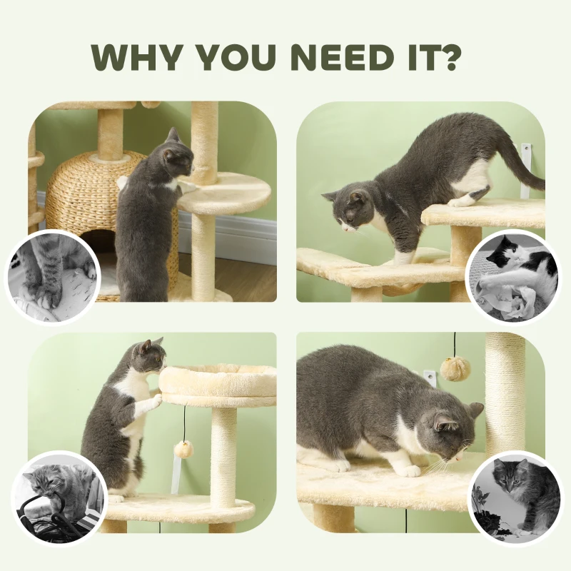PawHut 44" Cat Tree Tower with Scratching Posts, Cat Condo, Hammock, Bed, Platforms, Toy Balls for Indoor Cats