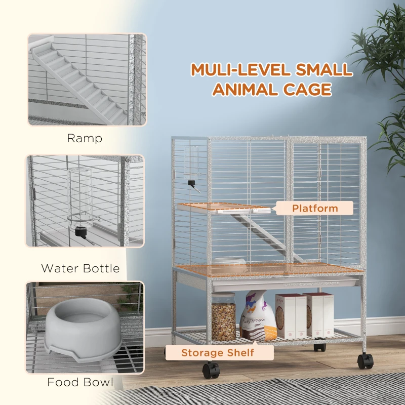 PawHut Rolling Small Animal Cage 34"H Chinchilla Cage for Ferrets, Squirrels w/ Removable Tray, Storage Shelf, Light Grey