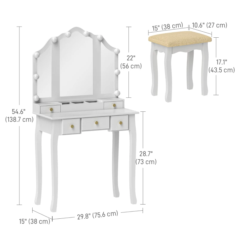 HOMCOM Makeup Vanity Table with Stool, Vanity Set with 10 LED Lights, 5 Drawers and 3 Compartments, White