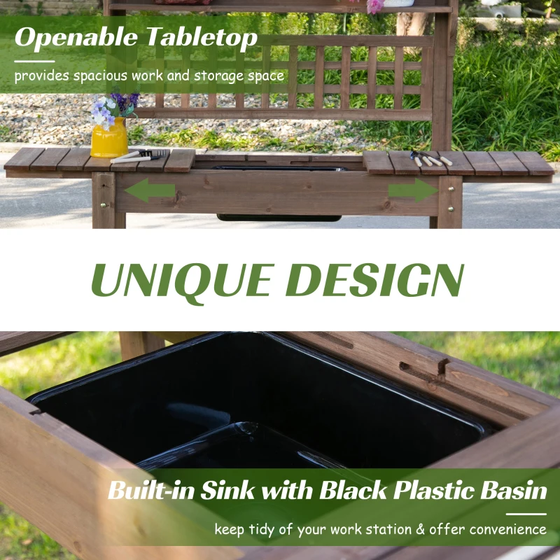Outsunny Outdoor Potting Bench Table, Wooden Workstation with Sliding Tabletop, Storage Shelf and Dry Sink, for Greenhouse, Garden, Patio, Brown