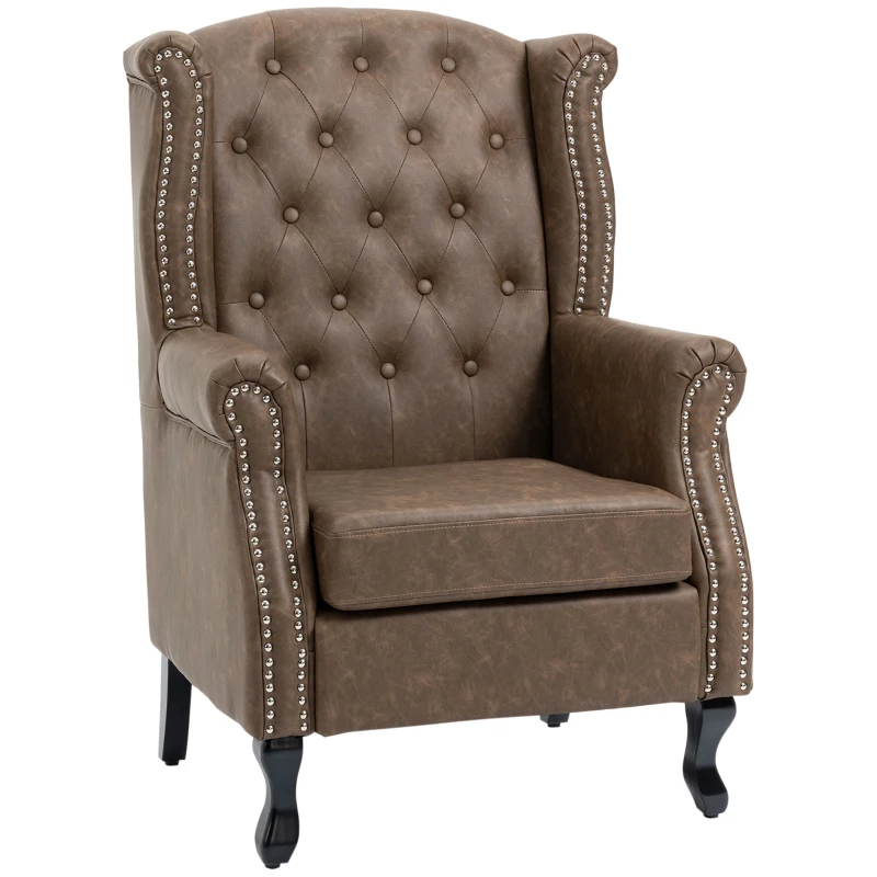 HOMCOM Tufted Lounge Chair, Upholstered Chesterfield-style Armchair with Solid Wood Legs and Nail Head Trim, Brown