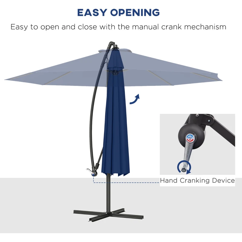 Outsunny 10' Deluxe Patio Umbrella, Outdoor Market Parasol, Banana Hanging Offset Sunshade with Crank, Cross Base, Navy Blue