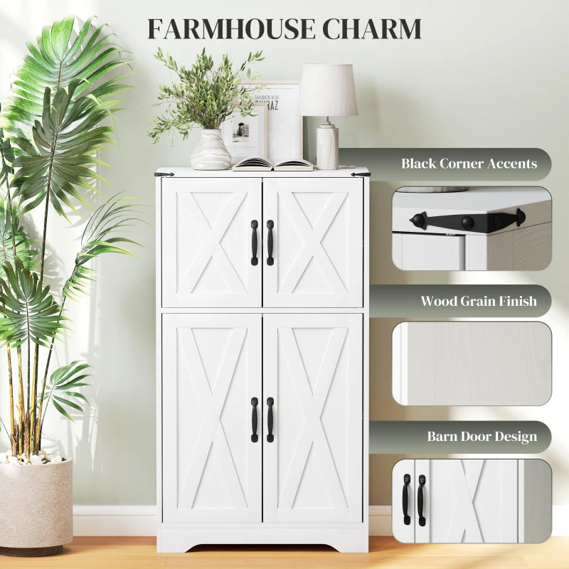 HOMCOM Farmhouse Kitchen Pantry, Freestanding Kitchen Pantry Storage Cabinet with Barn Doors and Adjustable Shelves, White