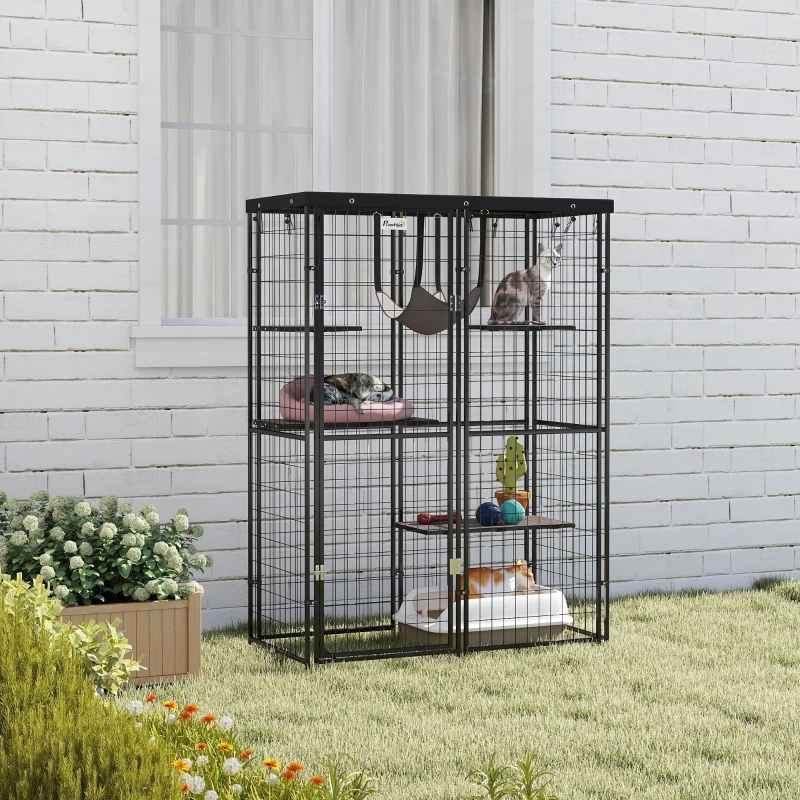 PawHut Metal Cat Cage with Waterproof Cover, 4 Platforms, Hammock, Washable Cushions for 1-3 Kittens, 46.5" x 22" x 62", Black