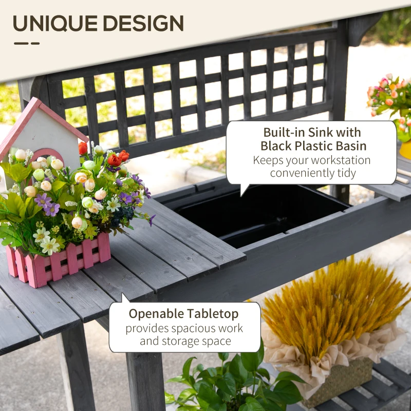 Outsunny Outdoor Potting Bench Table, Wooden Workstation with Sliding Tabletop, Storage Shelf and Dry Sink, for Greenhouse, Garden, Patio, Gray