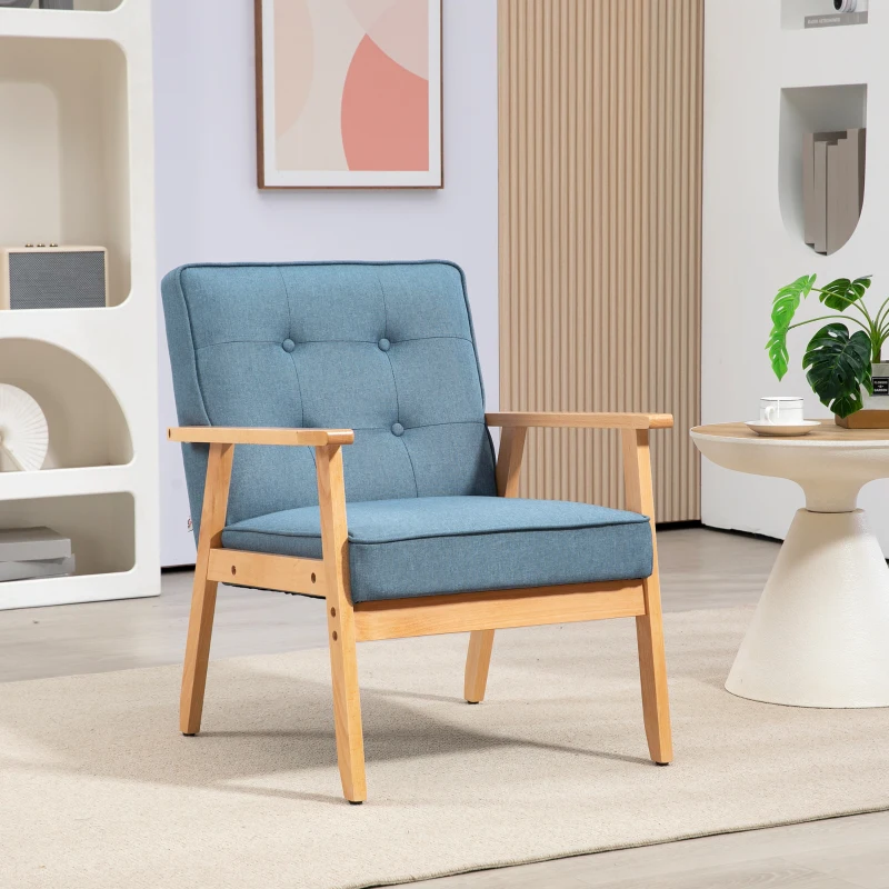 HOMCOM Modern Armchair Fabric, Accent Chair with Tufted Back, Wood Legs and Thick Padding for Living Room, Bedroom, Blue