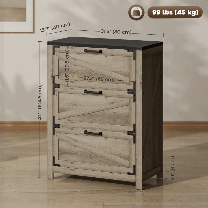 HOMCOM 3 Drawer Filing Cabinet, Farmhouse Office Storage Cabinet with Adjustable Hanging Bars for Letter, A4, Legal Size, Grey