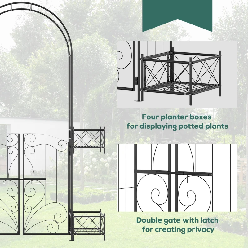Outsunny 7.1FT Metal Garden Arch with Gate and 4 Planter Boxes, Garden Arbor Trellis for Climbing Plants, Outdoor Wedding, Decoration, Bridal Party, Black