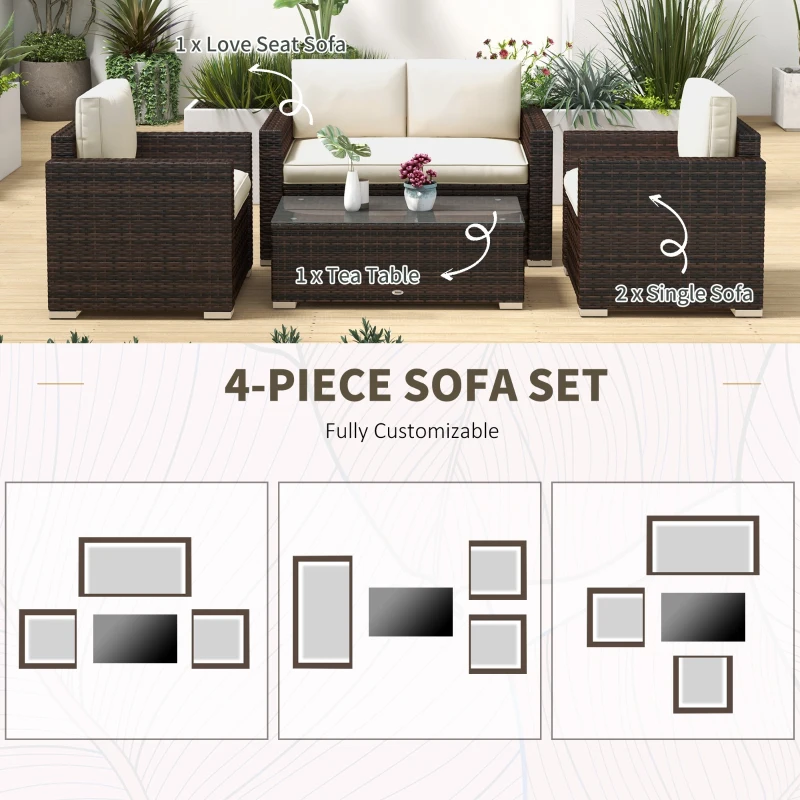 Outsunny 4 Pieces Rattan Sofa Set Wicker Patio Sofa Set with Loveseat Chairs Glass Top Coffee Table for Garden Outdoor Khaki