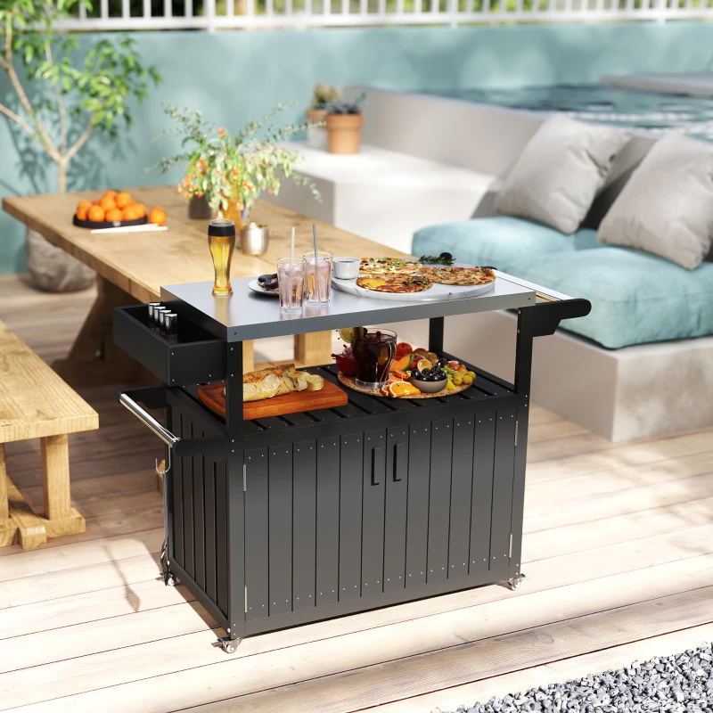 Outsunny Outdoor Bar Cart with Storage, Stainless Steel Outdoor Bar Table Top, Wheeled HDPE Kitchen Island for Food Prep, Black