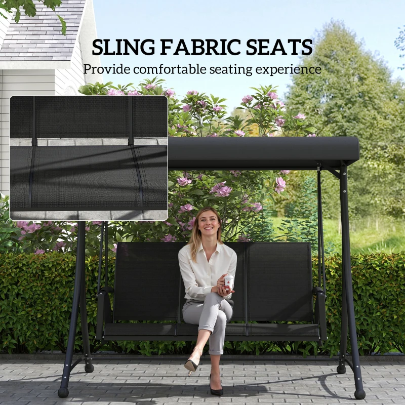 Outsunny 3 Person Outdoor Porch Swing Chair with Adjustable Canopy, Black