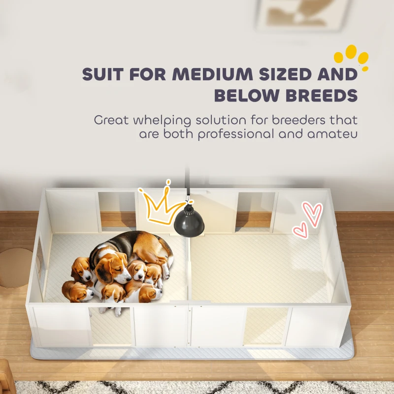 PawHut Whelping Box for Dogs w/ Retractable Light Stand, Waterproof Pee Pad & Adjustable Height Door for Medium Breed Dogs