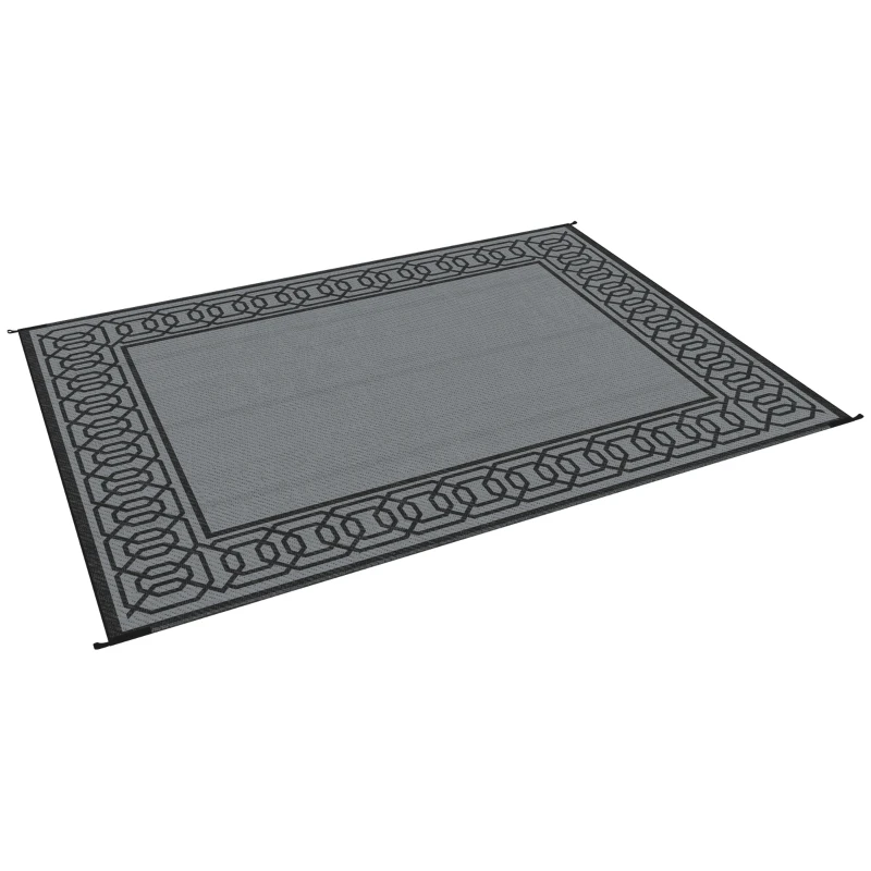Outsunny Outdoor Rug for Patio, 9' x 12' Waterproof Large Mat, Reversible Plastic Straw Rug for Decor, Portable Outside RV Camping Area Carpet Mat for Backyard Porch Deck Picnic, Black & Gray Border