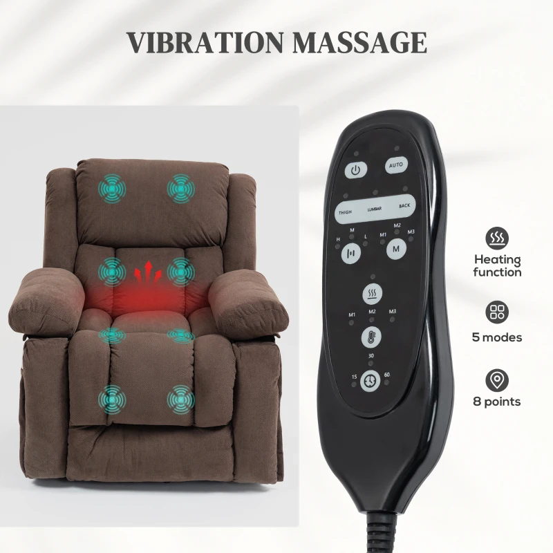 HOMCOM Overstuffed Power Lift Recliner Chair with Vibration Massage and Heat, Side Pockets, Pocket Spring, for Adults, Brown