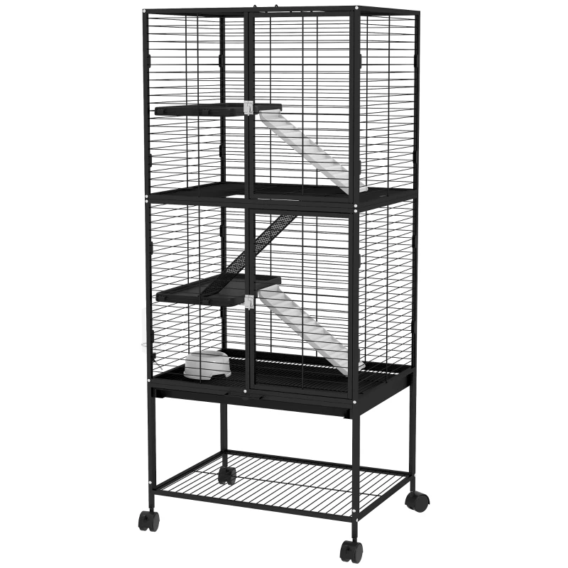 PawHut Rolling Small Animal Cage 53.5"H Chinchilla Cage for Ferrets, Squirrels w/ Removable Tray, Storage Shelf, Black