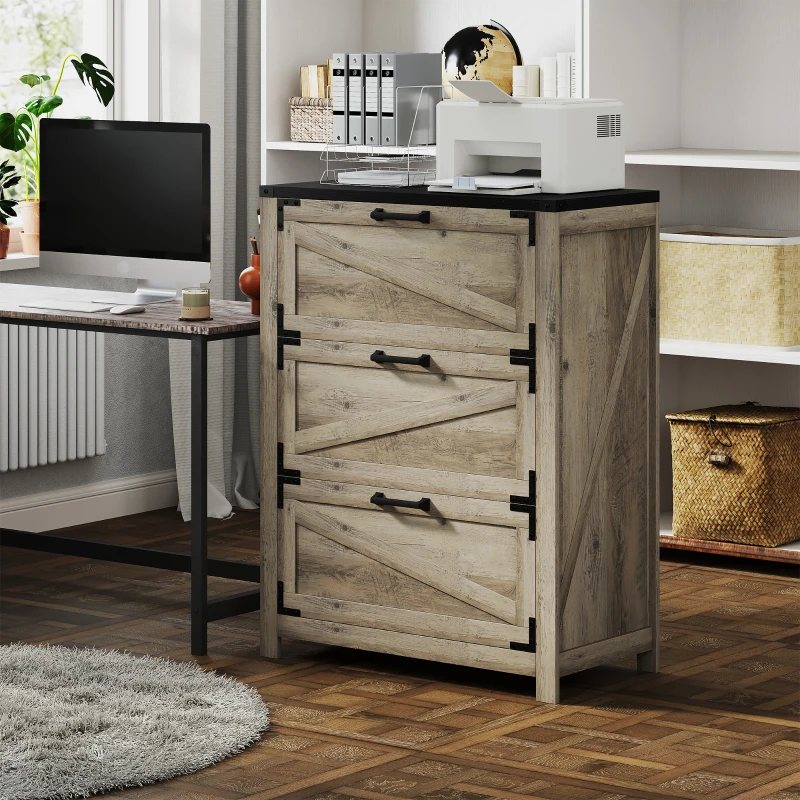 HOMCOM 3 Drawer Filing Cabinet, Farmhouse Office Storage Cabinet with Adjustable Hanging Bars for Letter, A4, Legal Size, Grey