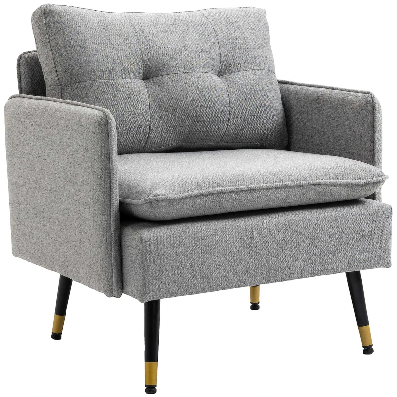 HOMCOM Accent Chair, Upholstered Armchair with Tufted Back Cushion and Steel Legs for Living Room, Bedroom, Grey