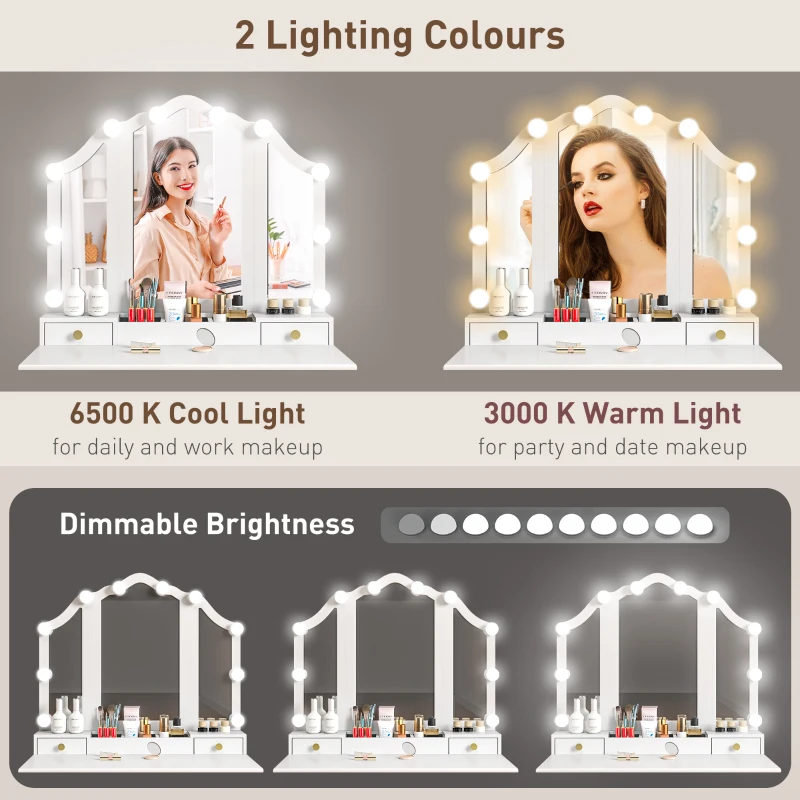 HOMCOM Makeup Vanity Table with Stool, Vanity Set with 10 LED Lights, 5 Drawers and 3 Compartments, White