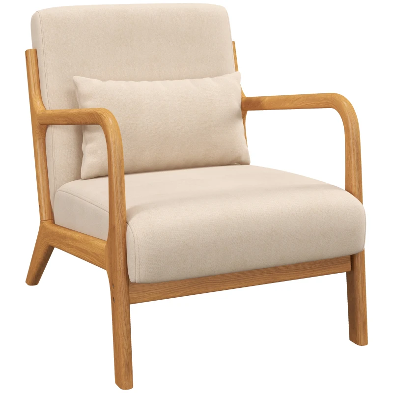 HOMCOM Fabric Lounge Chair, Velvet Armchair, Retro Accent Chair with Wood Legs and Thick Padding for Bedroom, Beige