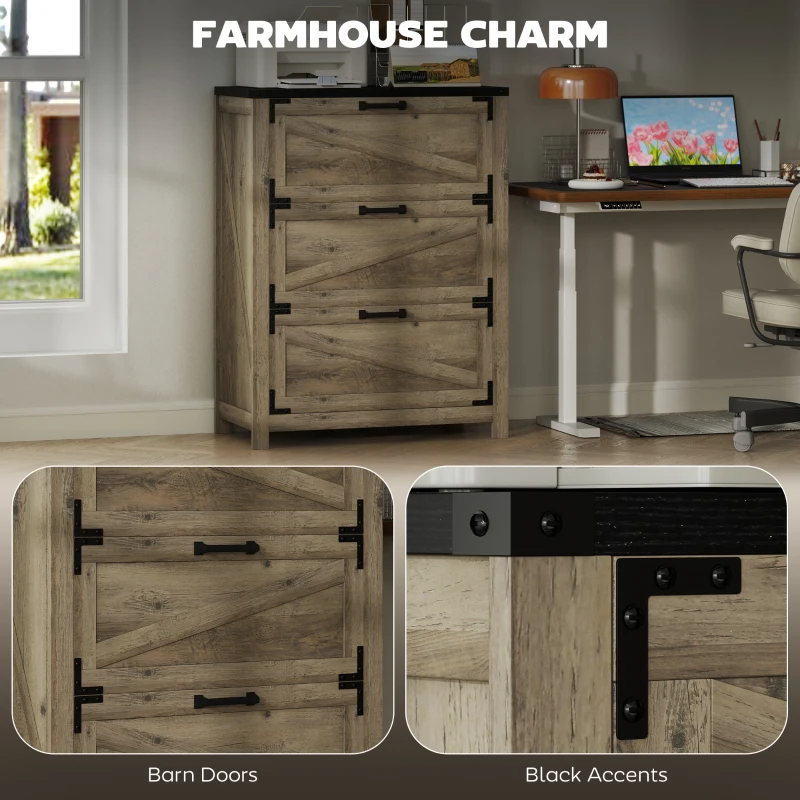 HOMCOM 3 Drawer Filing Cabinet, Farmhouse Office Storage Cabinet with Adjustable Hanging Bars for Letter, A4, Legal Size, Grey