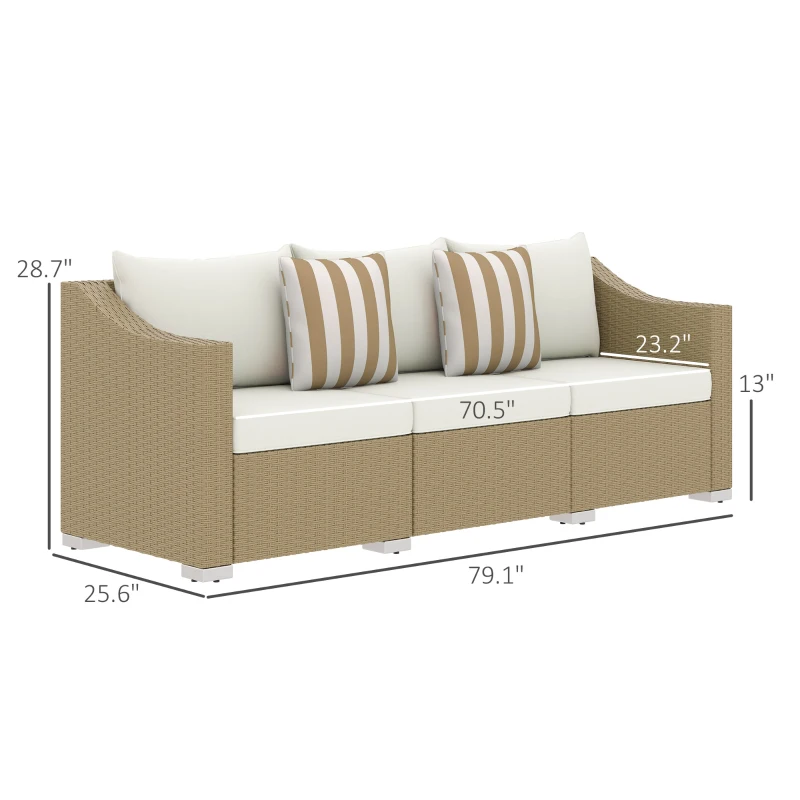 Outsunny Rattan Wicker 3 Seater Patio Couch with Cushions, 2 Throw Pillows, Outdoor Furniture Rattan Sofa, Cream White