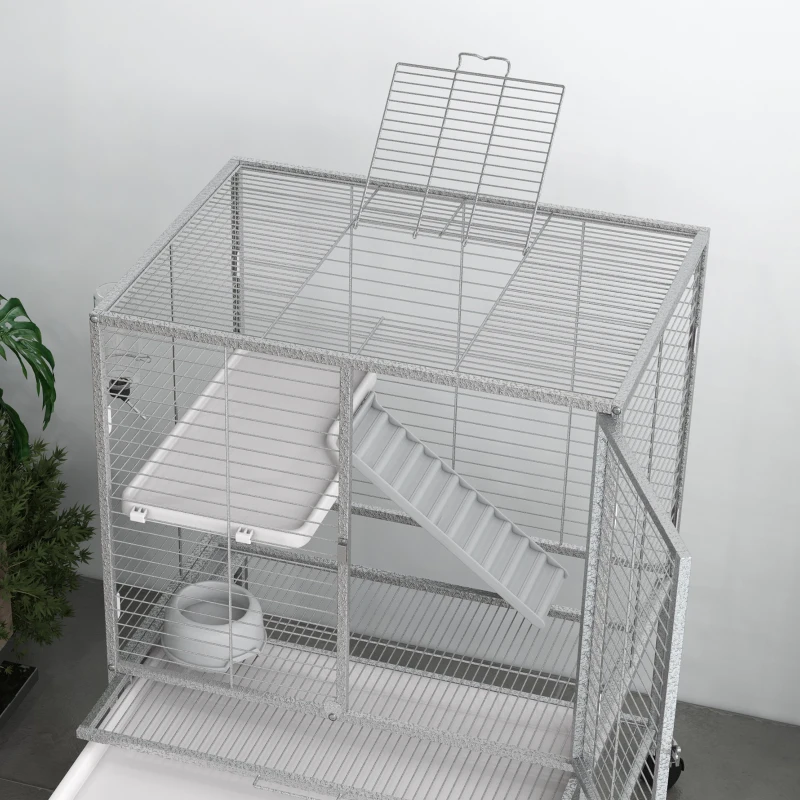 PawHut Rolling Small Animal Cage 34"H Chinchilla Cage for Ferrets, Squirrels w/ Removable Tray, Storage Shelf, Light Grey