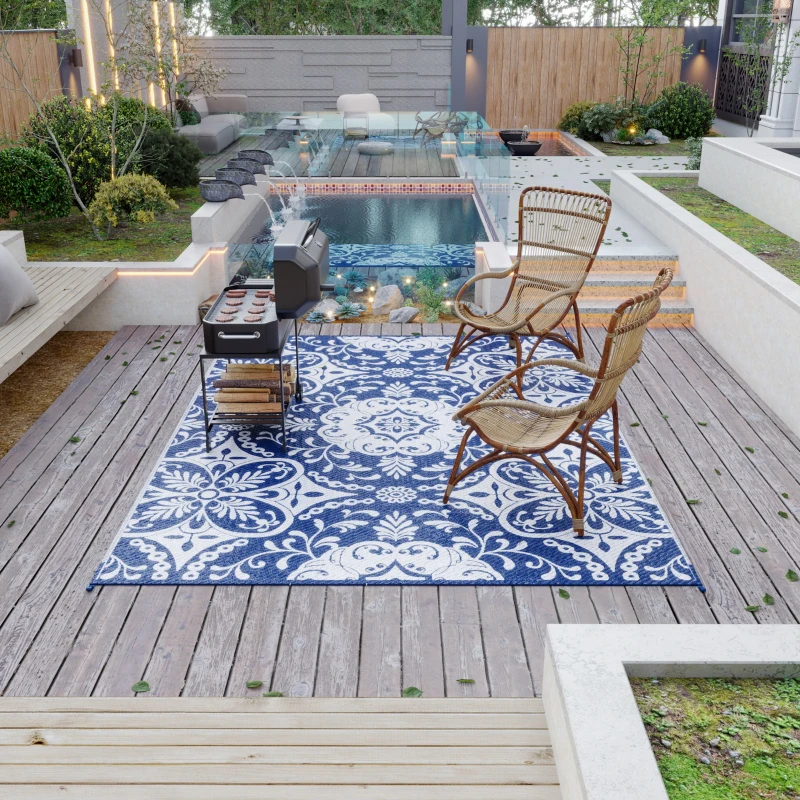 Outsunny Outdoor Rug for Patio, 9' x 12' Waterproof Large Mat, Reversible Plastic Straw Rug for Decor, Portable Outside RV Camping Area Carpet Mat for Backyard Porch Deck Picnic, Blue & White Floral