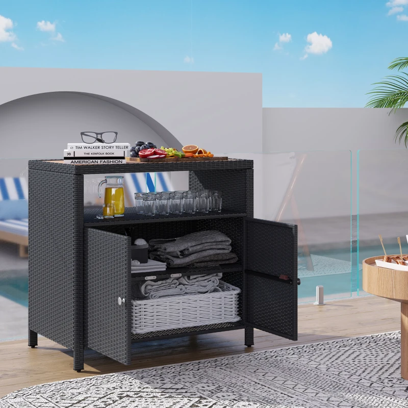 Outsunny Outdoor Storage Cabinet with Acacia Wood Top, Two Doors, Shelf, Wicker Bar Table for Pool Towel Storage, Black
